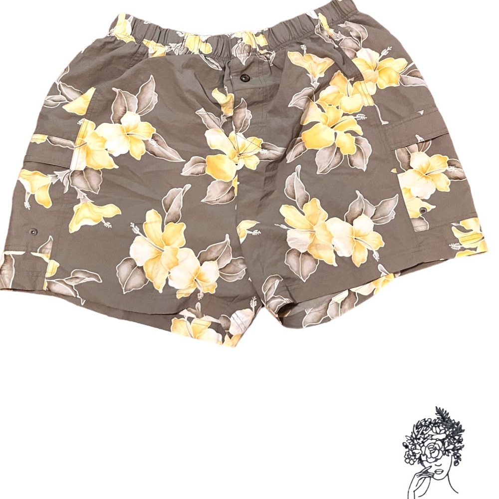 Tommy Bahama Cargo Swim Trunks Tan w Yellow Tropical Print Drawstring Waist XXL